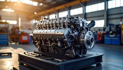 Fototapeta premium Detailed Analysis of a Modern Engine in an Industrial Workshop