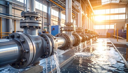 Industrial Water Flow with Pipes and Sunlight in Factory Setting