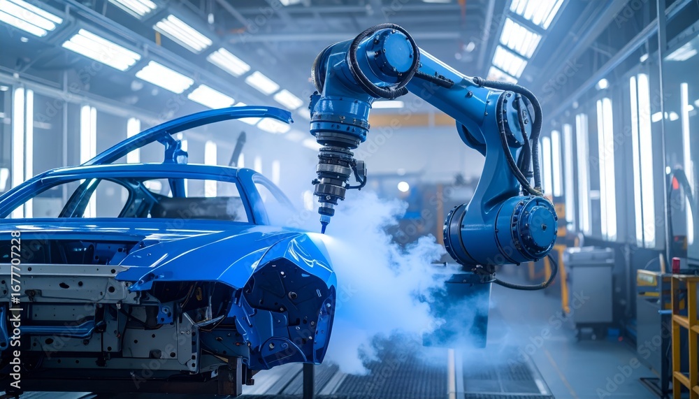 Poster advanced robotics in automotive manufacturing process at factory