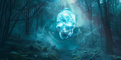 Mysterious glowing skull floats eerily in a dark, foggy forest