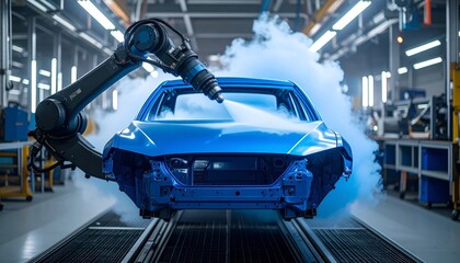 Robotic Arm Painting Blue Car Body in Modern Automotive Factory