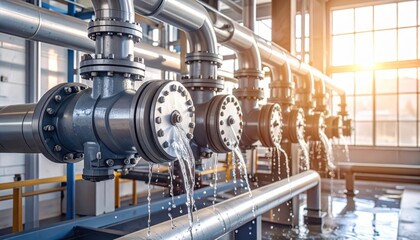 Industrial Water Pipes with Flowing Water in Modern Factory Setting