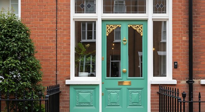 Elegant Green Front Door on a Red Brick Building Facade.
