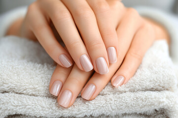 Naklejka premium Hands with natural color nails rest on a soft, white towel, showing manicured fingers and a comforting, clean aesthetic.