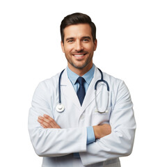 Smiling doctor with stethoscope isolated on transparent background with arms crossed