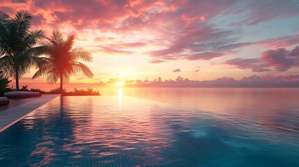Beautiful oceanfront infinity pool glowing with tropical sunset high resolution picture