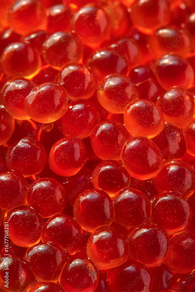 Poster a visually engaging macro shot capturing a vibrant cluster of translucent red spheres, their glisten