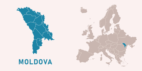 Map of Moldova with administrative divisions and highlighted position on Europe map. Isolated on white background. Vector illustration. © WeDrawing
