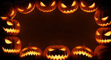 Haunted Pumpkins: An eye-level frame features a collection of illuminated jack-o'-lanterns, their carved, menacing faces glowing in the ominous darkness.
