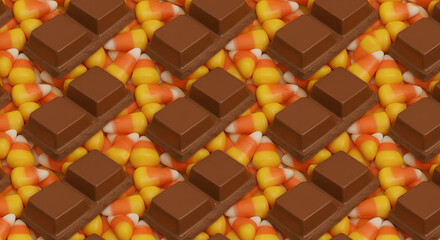 Fototapeta premium Halloween Chocolate Bars: Sweeten your celebrations with a festive arrangement of milk chocolate bars resting atop a sea of vibrant candy corn, a treat for the eyes and the taste buds. 
