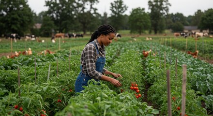 Woman Harvesting Tomatoes on Organic Farm with Free Range Chickens and Cows in Background