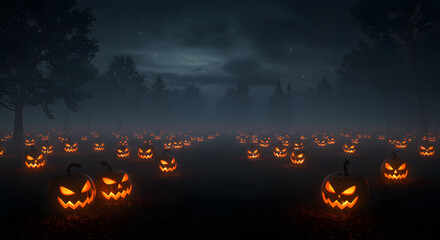 Spooky Halloween Scene: An atmospheric Halloween scene with glowing jack-o'-lanterns arranged across the grassy field. Mysterious landscape and dark silhouette, capturing spooky season's thrill 
