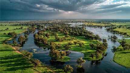 Fototapeta premium Seasonal floodplain farming adapts crop cycles to natural flooding regimes, promoting resilience and biodiversity in wetland agricultural landscapes.