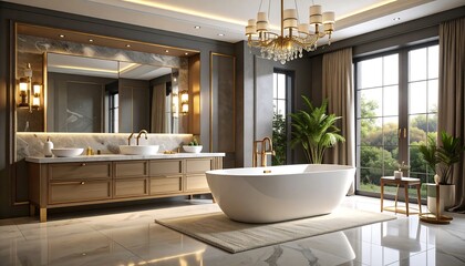 Fototapeta premium Luxurious modern bathroom showcasing a spacious vanity, soaking tub, and expansive view.