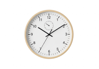 Classic round wall clock with black hands isolated on transparent background