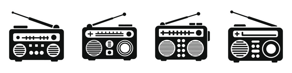 Black silhouette icons of vintage portable radios with antennas, classic boombox designs, retro music players, and old-school audio devices for entertainment and communication illustrations