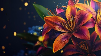 Enchanted Orange and Magenta Lily Dusted with Gold Amidst Glowing Bokeh Lights