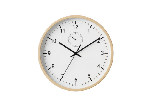 Classic round wall clock with black hands isolated on transparent background