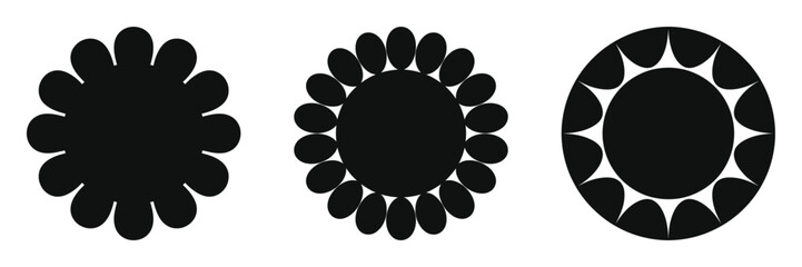 Black silhouette icons of circular floral mandala designs with petal patterns, decorative round ornaments for art, design, meditation, and spiritual symbolism in flat vector style