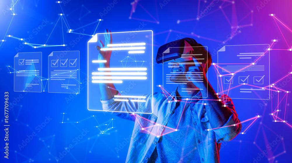 Poster explore the dynamic intersection of virtual reality and business management, showcasing how technolo