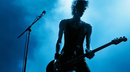 A guitarist performs solo, silhouetted against a striking blue backdrop filled with mist, drawing attention to the raw emotion and energy of the music captured in this intense moment.
