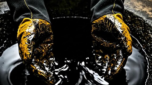 close up, miner's hands wearing gloves holding crude oil, oil miner, illustration
