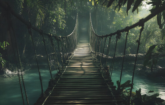 Fototapeta Mystical Pathway - Sunlit Rope Bridge over a Teal River in a Lus