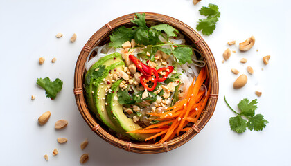 Fresh Chinese noodle salad in woven bowl bursting with colorful vegetables like carrots, avocado. Garnished with chili, cilantro, crunchy toppings.