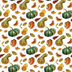 Colorful autumn pattern featuring gourds, pumpkins, and fall leaves in a vibrant arrangement on a white background