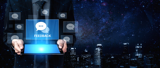 Customer or business team feedback system highlighting comments, opinions, evaluations, reviews,...