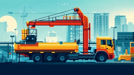 Yellow truck with crane in city.