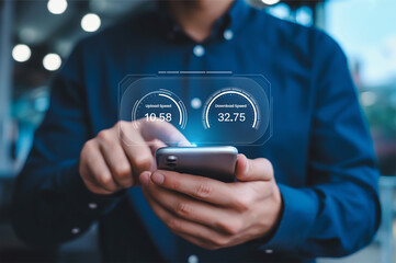 Mobile Internet Speed Test Interface with Augmented Reality Gauges Displaying Download and Upload Metrics in a Modern Digital Environment