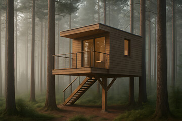 Cabane moderne en bois dans une for&ecirc;t brumeuse