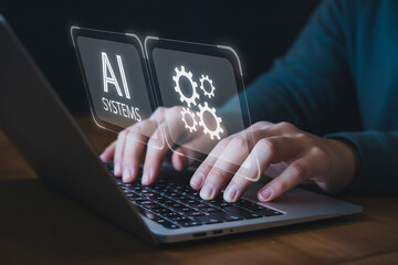 Artificial Intelligence Systems Interface with Holographic Gear Icons and Human Interaction on Laptop for Machine Learning and Tech Innovation