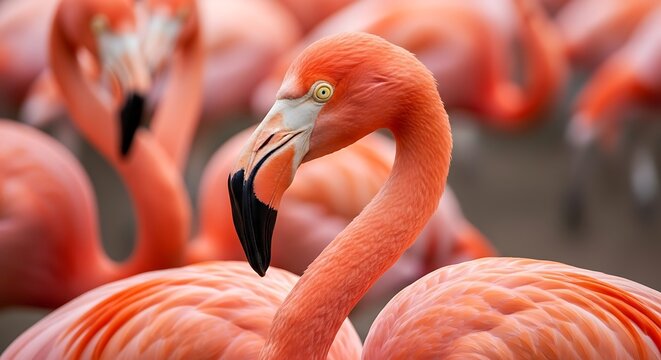 Flamingos in a group, close-up of pink birds. - Powered by Adobe