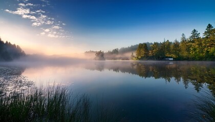 atmosphere morning mist rolling over a quiet lake creating a dreamlike scene