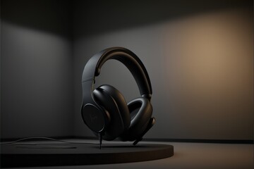 Stylish black headphones are showcased on a unique circular display stand, emphasizing their modern design and aesthetic appeal, catering to those who appreciate contemporary art and music.