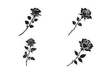 Four stylized black roses with stems and leaves
