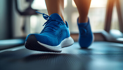 Naklejka premium Close-up on blue athletic running shoes with white soles moving on black treadmill. Workout indoors. Focus on sharpened shoes preparing for physical activity and sport training.