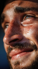 Obraz premium Close-up portrait of man with tears of joy streaming down face, capturing powerful moment of overwhelming happiness and emotional release in intimate lighting