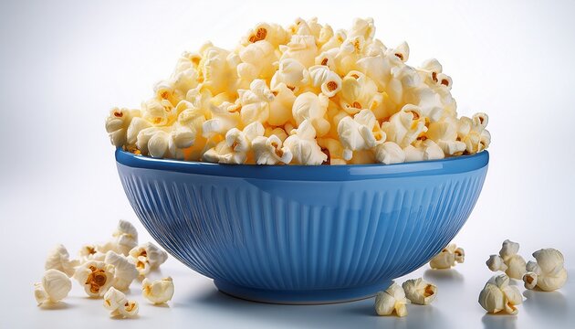 a blue bowl filled with fluffy freshly popped popcorn isolated on a white background great for snack movie and food related visuals