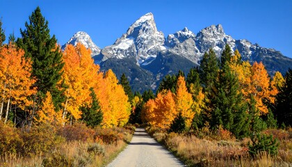 A picturesque autumnal landscape showcases a gravel road winding through vibrant fall foliage, with snow-capped mountain peaks in the backdrop.