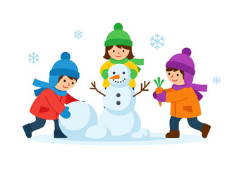 Fototapeta premium Happy Children in Colorful Winter Clothes Building a Snowman Together in Snow