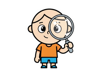 Cute Cartoon Boy Holding Magnifying Glass Looking at Camera on White Background