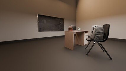 Wide classroom view with desk, laptop, books, and gray backpack on chair