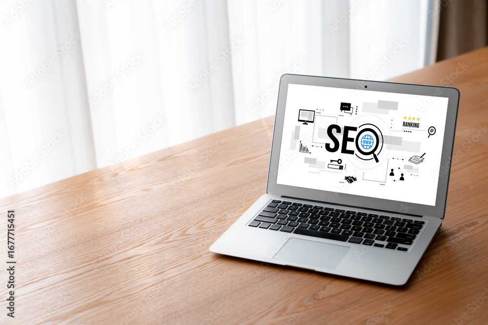 Aufkleber seo search engine optimization for modish e-commerce and online retail business showing on computer 
