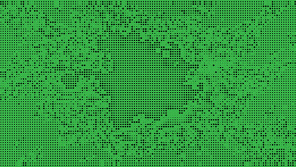Green pixel mosaic grid abstract background with digital matrix squares and geometric tile texture forming a soft center frame for tech banners websites and presentations