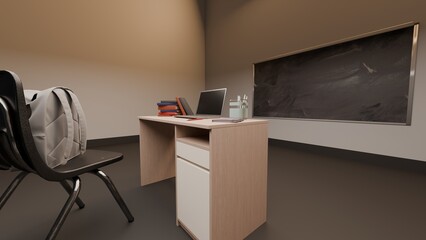 Close-up classroom desk with laptop, books, and gray backpack on chair