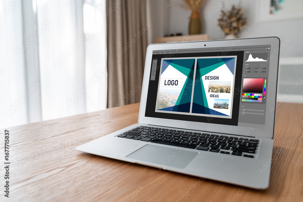 Aufkleber graphic designer software for modern design of web page and commercial ads showing on the computer s