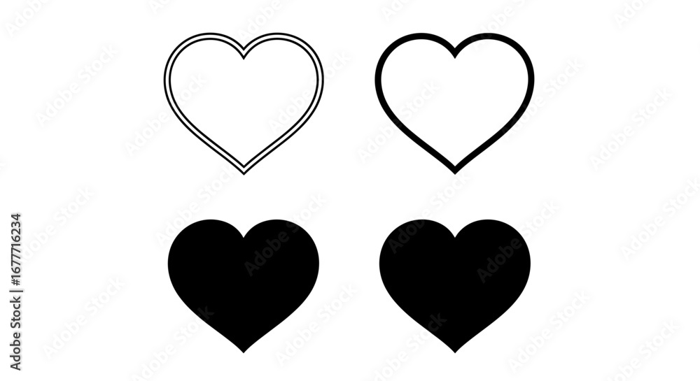 Aufkleber four heart shapes arranged in a two by two grid with different styles and fill patterns shown
